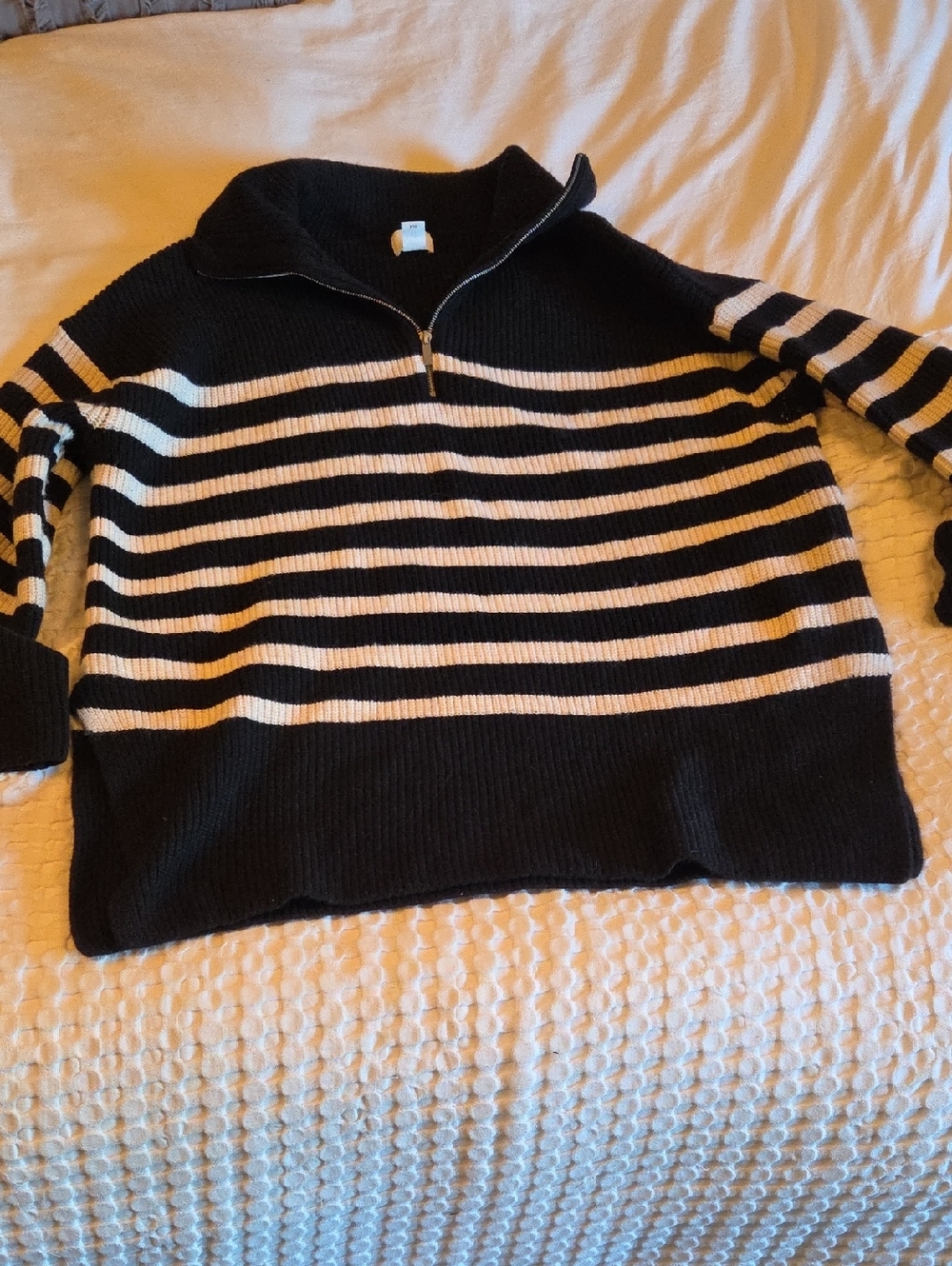 H&M Black & White Striped Half-Zip Turtleneck Sweater